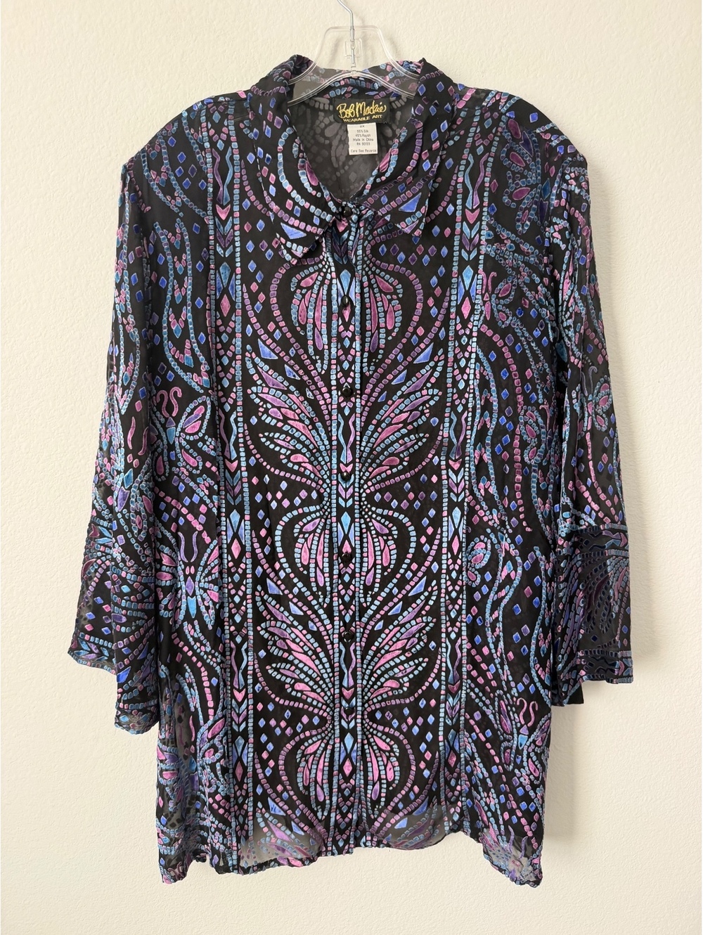 Bob Mackie Wearable Art Silk Blend 3/4 Sleeve Button Front  Sheer Shirt Size 2X